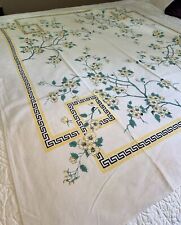 Vtg Tablecloth Cotton Floral Jacquard White Yellow Black Green 45” x 52.5” picture