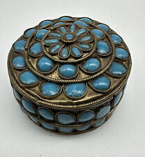 Vintage India Sudha Hand Crafted Turquoise Jeweled Trinket Jewelry Box J33 picture