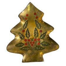 Vintage Brass Holiday Christmas Tree Dish Holly Berry Etched 7