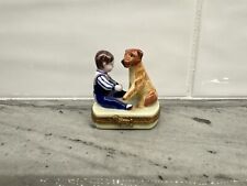 Vintage Limoges France Porcelain Trinket Box/ Pill Box Boy Child With Dog picture