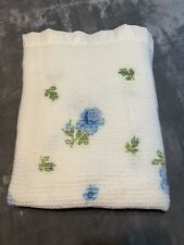 Vintage Chatham White w/ Blue Rose Acrylic Blanket Soft Satin Trim 70
