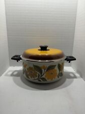 JMP Capri Enamelware Double Handle Pot with Lid Retro Floral Vtg Look picture