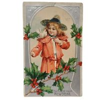 Vtg Postcard Happy Be Your New Year Silver Foiled Embossed Holly And Child A253 picture
