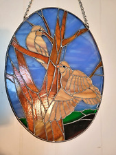 Beautiful Vtg. Stained Glass Window Hanging - Oval - 2 Birds Perched in a Tree picture