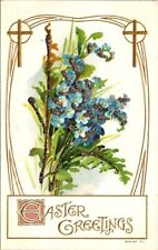 vintage postcard - Easter greetings blue flowers and crosses embossed unposted picture