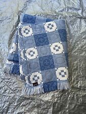 Original Welsh Blanket WOOL Country  Blue & White Geometric Fringe 111