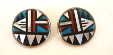 Vintage Navajo Multi-stone Inlay Earrings 925 Sterling Silver 1 Inch Pierced picture