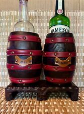 vintage 1960s Enesco Spain Whiskey Barrel Bottle Holder wood leather trim picture