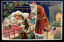 Patriotic~ Santa Claus w/ Children~USA FLAG~Teddy Bear~ Christmas Postcard~k200 picture