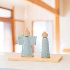 Japan Shigaraki Ware Hina Doll Pottery Ornament Statue Set Blue picture