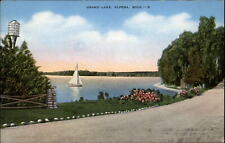 Grand Lake ~ Alpena Michigan MI ~ birdhouse sailboat ~ 1940s linen postcard picture