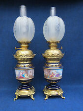 PAIR SEVRES STYLE OIL LAMPS CONTINIOUS WATTEAU PANELS NAPOLEON III 1850-1890 picture