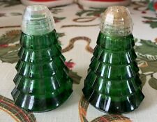 Vtg Czech Republic Green Glass Tree Salt Pepper Shaker Set  Christmas Holiday picture