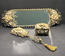 Vintage Unique Rare Jeweled Gold Metal Tuffed Velvet Vanity Set With Flowers picture