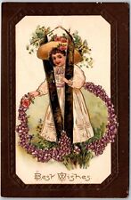 1909 Best Wishes Angel Fancy Hat Long Dress Flower Posted Postcard picture