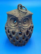 Vintage Cast Iron Owl Japanese Hanging Garden Votive Candle Holder Lantern 6” picture