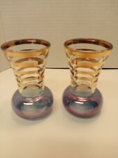 2 Vintage Small Glass Bud Vases with Multiple Gold Ring Tops picture