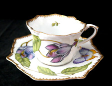 ANNA WEATHERLEY Hand painted CUP & SAUCER green leaves purple flowers butterfly picture