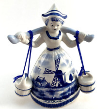 Delft Blue White Woman Milkmaid Buckets Windmill Porcelain Figurine Solvang CA picture