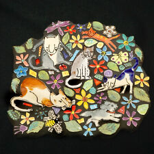 Handmade Mosaic Tile Cat, Dog and Floral Plaque 