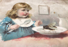 1894 Girl Scared of Huge Fly Woolson Spice Co. Lion Coffee Victorian Trade Card picture