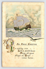 Antique Christmas Postcard from 1913 with Ship & Anchor & Seagulls  P3 picture