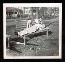WOMAN SLEEPING/RESTING BENCH FISHING POLE OLD/VINTAGE PHOTO SNAPSHOT- A804 picture