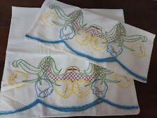 Large Set 2 Vintage Handmade Embroidered Pillow Cases Blue Yellow Flowers 34X19