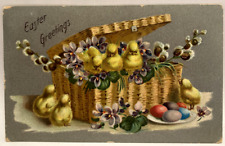 1916 Easter Greetings, Chicks in Basket, Colored Eggs, Purple Flowers Postcard picture