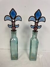 x2 Aqua Vintage Glass Bottles w/Fleur-De-Lis Stoppers 13