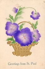 St. Paul Minnesota~Purple Airbrushed Pansies~Gold Basket~Greenery~Embossed~1909 picture