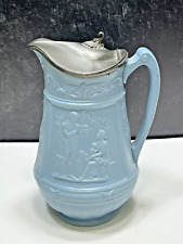 Antique Relief Molded Pitcher Jug Drabware Pewter Hinged LId Old & Young Couple picture