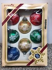 Vintage Pyramid Ornaments 8 MERRY CHRISTMAS & SNOWFLAKES Stencils Glass Round picture
