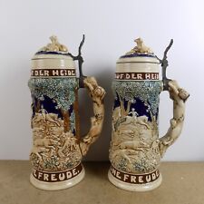 2 Antique German Ceramic Beer Steins JM Wald Und Auf Der Heide Dog Hunt Scene picture