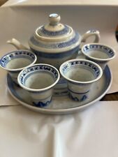 Rice Grain Miniature Tea Set Dragon Blue White 7 Pc Set Teapot Tray Cups China picture