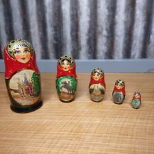 5 Vintage Hand Painted Russian Nesting Dolls Landmarks & Flowers Matryoshka 6