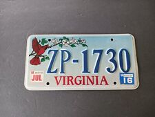 2016 Virginia Red Cardinal License Plate ZP - 1730 picture