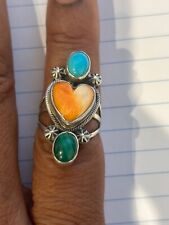 Vintage Navajo Circle J.W. Sterling Silver Spiny Oyster Heart Turquoise Ring 7 picture