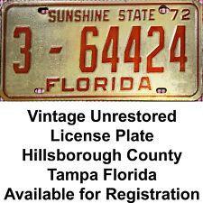 1972 Florida License Plate Hillsborough can be re-registered Original Unrestored picture