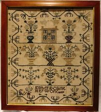 EARLY 19TH CENTURY HOUSE & FLOWER BASKETS MOTIF SAMPLER BY ESTHER.E.CAINE - 1837 picture