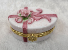 Vintage Oval Metal and Porcelain Hinged Lid Pill Trinket Box Roses picture