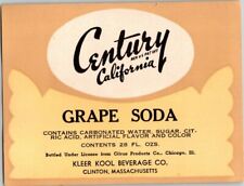 Clinton, MA Kleer Kool Beverage Co. Century CA Grape Soda Label A689 picture