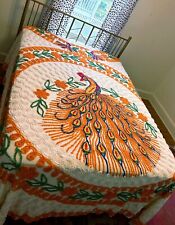 Beautiful Vintage Mid Century Colorful Chenille Peacock Floral Bedspread picture
