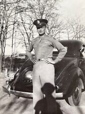 A3 Photo Handsome Military Man Posing Old Car Shadow Photographer Woman 1942 picture
