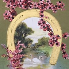 Golden Horse Shoe Vintage Postcard Antique Embossed Floral Swans picture