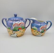 Vintage Creamer & Lidded Sugar Bowl Japenese Takito Lusterware Blue Amber Gold picture