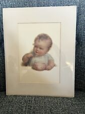 Vtg Bessie Pease Gutmann  Litho Baby Eating Bowl Spoon Blue Gown 8x10 Matted picture