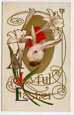 Easter Vintage Postcard White Rabbit Peeks Out of Gold Egg Art Nouveau Gold picture