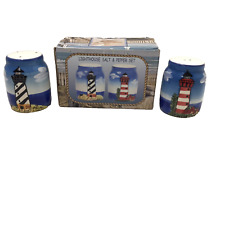 2006 Ceramic A Touch Of The Sea Salt Pepper Lighthouse Set Trippie's Red Blue picture