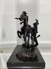 SIGNED: KAUBA, BRASS BRONZE FIGHTING COWBOYS ON HORSE WITH GUNS STATUE picture